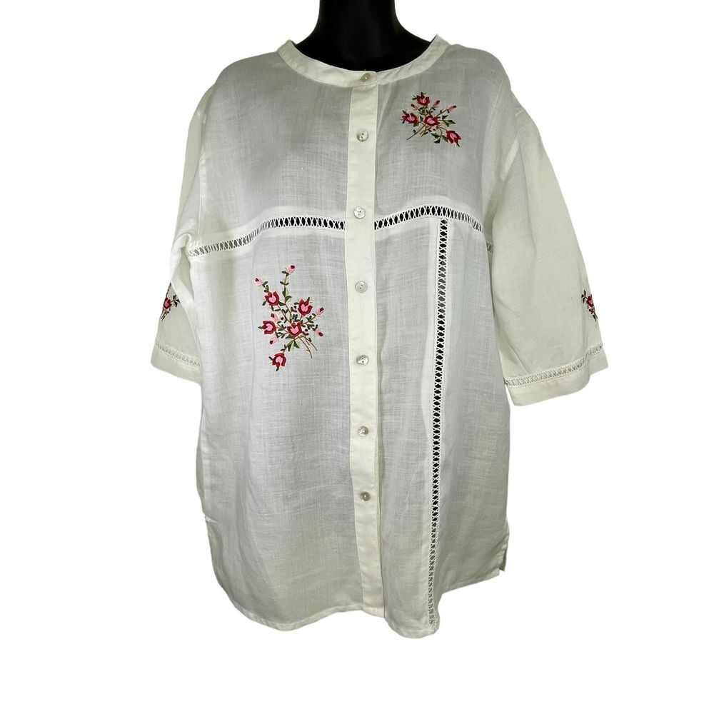 Jordan 100% Linen Embroidered Floral Detail Button Up‎ Qtr Sleeve Top Size Large